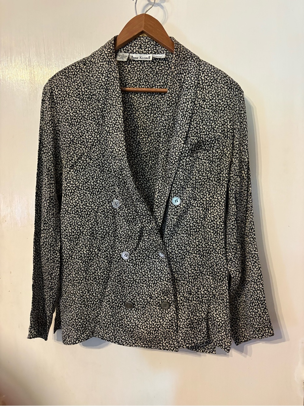 Vintage 90s Anne Klein Silk Black and  Tan Double-Breasted Jacket/Top Size 8